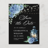 Blue Hydrangea Lantern Black Wedding Save the Date Briefkaart (Voorkant)