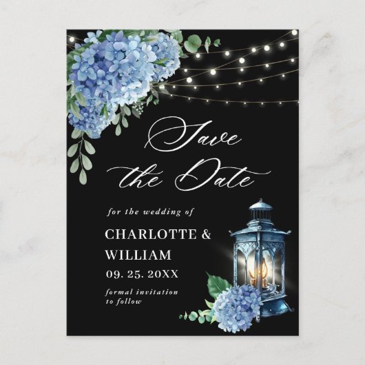 Blue Hydrangea Lantern Black Wedding Save the Date Briefkaart (Voorkant)