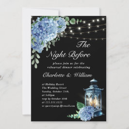 Blue Hydrangea Lantern Boho Black Rehearsal Dinner Kaart