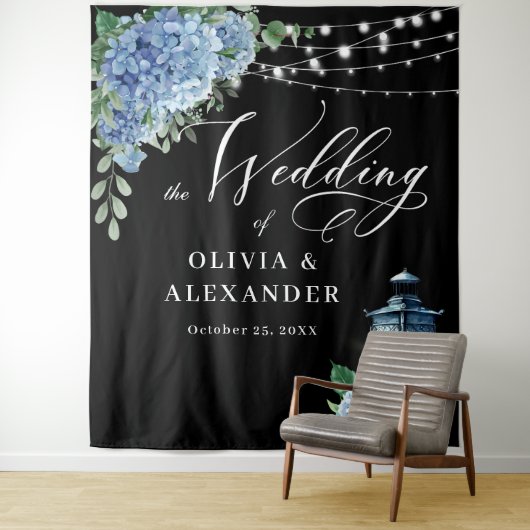 Blue Hydrangea Lantern Boho Photo Wedding Backdrop Wandkleed (In situ)