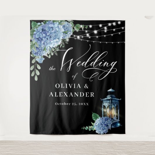 Blue Hydrangea Lantern Boho Photo Wedding Backdrop Wandkleed (Voorkant)