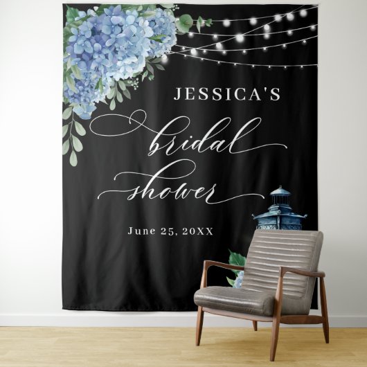 Blue Hydrangea Lantern Boho Vrijgezellenfeest Back Wandkleed (In situ)