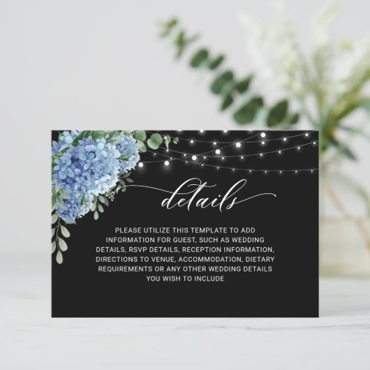 Blue Hydrangea Lantern Boho Wedding Enclosure Kaar Informatiekaartje (Staand voorkant)