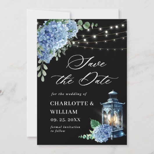 Blue Hydrangea Lantern Navy Black Wedding Save The Date (Voorkant)