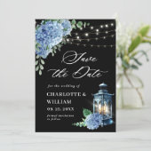 Blue Hydrangea Lantern Navy Black Wedding Save The Date (Staand voorkant)