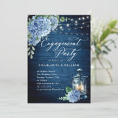 Blue Hydrangea Lantern Navy Wood Engagement Party Kaart (Staand voorkant)