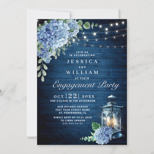 Blue Hydrangea Lantern Navy Wood Engagement Party Kaart (Voorkant)
