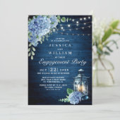 Blue Hydrangea Lantern Navy Wood Engagement Party Kaart (Staand voorkant)