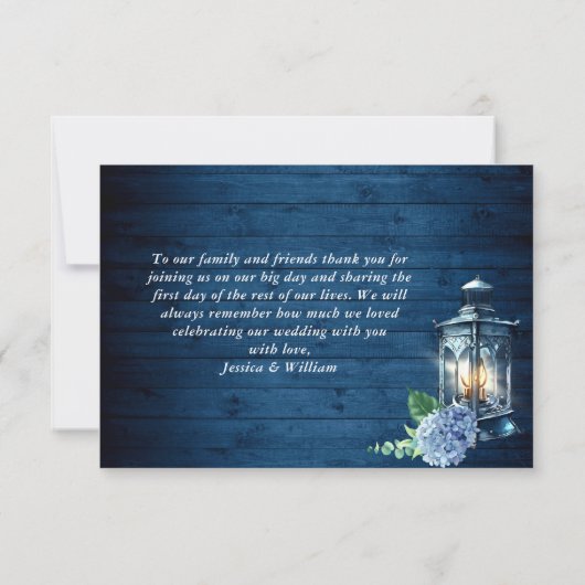 Blue Hydrangea Lantern Navy Wood Foto Weddenschap Bedankkaart (Achterkant)