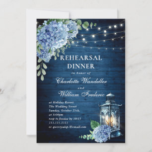 Blue Hydrangea Lantern Navy Wood Rehearsal Dinner Kaart