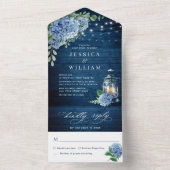 Blue Hydrangea Lantern Navy Wood Weddenschap All In One Uitnodiging (Binnen)