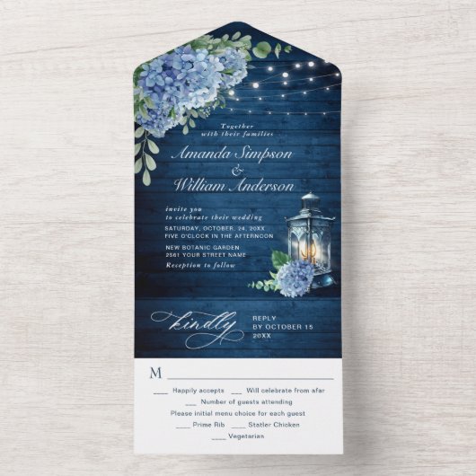 Blue Hydrangea Lantern Navy Wood Weddenschap All In One Uitnodiging (Binnen)
