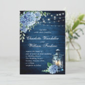 Blue Hydrangea Lantern Navy Wood Weddenschap Kaart (Staand voorkant)