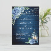 Blue Hydrangea Lantern Navy Wood Weddenschap Kaart (Staand voorkant)