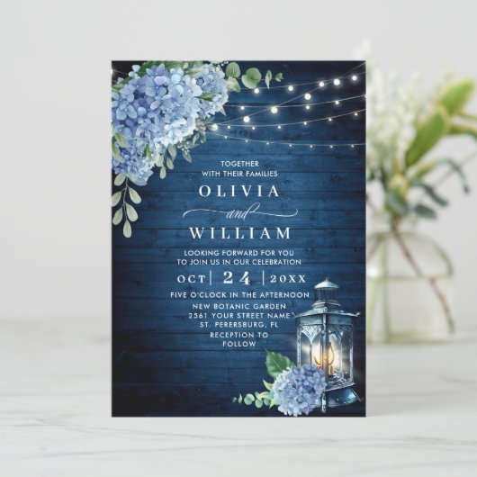 Blue Hydrangea Lantern Navy Wood Weddenschap Kaart (Staand voorkant)
