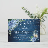 Blue Hydrangea Lantern Navy Wood Weddenschap Save The Date (Staand voorkant)