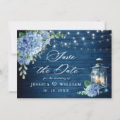 Blue Hydrangea Lantern Navy Wood Weddenschap Save The Date (Voorkant)
