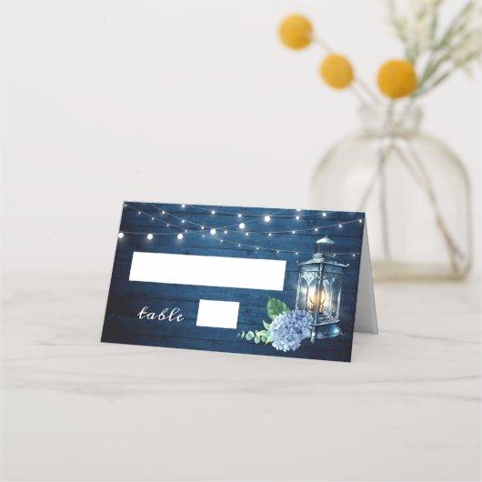 Blue Hydrangea Lantern Navy Wood Wedding Table Plaatskaartje (Voorkant)