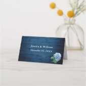 Blue Hydrangea Lantern Navy Wood Wedding Table Plaatskaartje (Achterkant)