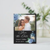 Blue Hydrangea Lantern PHOTO Wedding Save the Date Briefkaart (Staand voorkant)