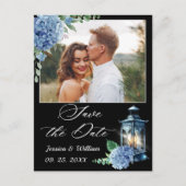 Blue Hydrangea Lantern PHOTO Wedding Save the Date Briefkaart (Voorkant)
