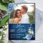 Blue hydrangea Lantern PHOTO Wedding Save the Date Briefkaart