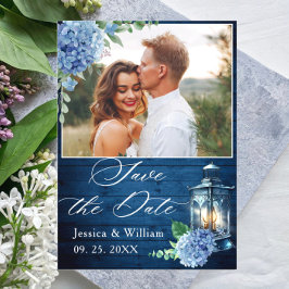 Blue hydrangea Lantern PHOTO Wedding Save the Date Briefkaart