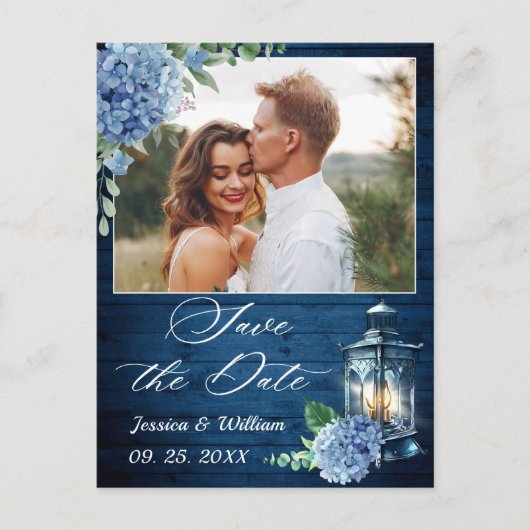 Blue hydrangea Lantern PHOTO Wedding Save the Date Briefkaart (Voorkant)