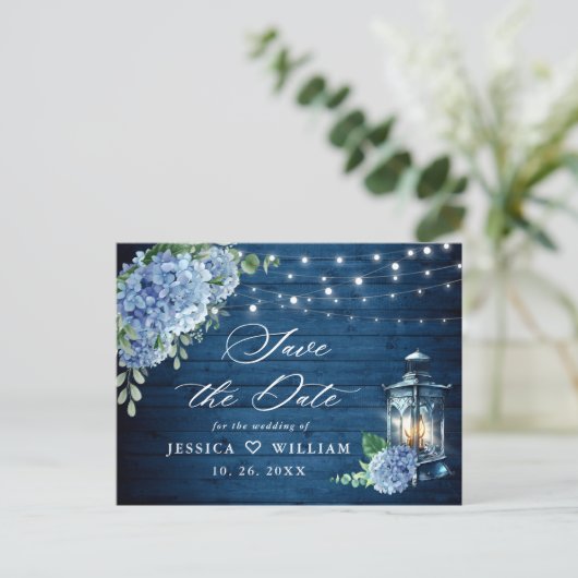 Blue Hydrangea Lantern Wedding Save the Date Briefkaart (Staand voorkant)