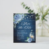 Blue Hydrangea Lantern Wedding Save the Date Briefkaart (Staand voorkant)