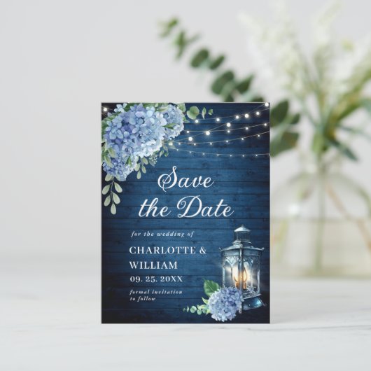 Blue Hydrangea Lantern Wedding Save the Date Briefkaart (Staand voorkant)