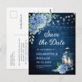Blue Hydrangea Lantern Wedding Save the Date Briefkaart (Voorkant / Achterkant)