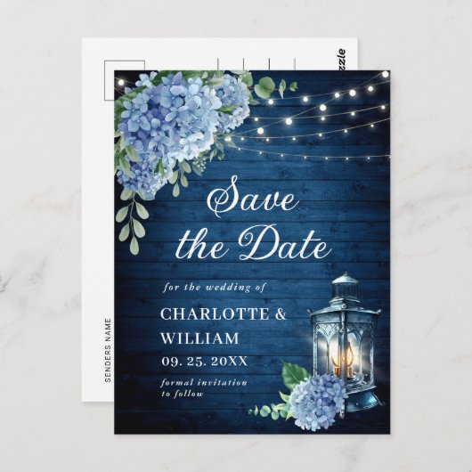 Blue Hydrangea Lantern Wedding Save the Date Briefkaart (Voorkant / Achterkant)