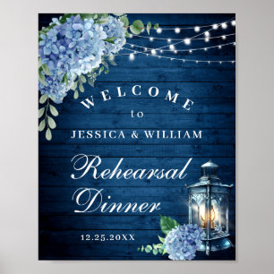 Blue Hydrangea Lantern Wood Boho Rehearsal Dinner Poster