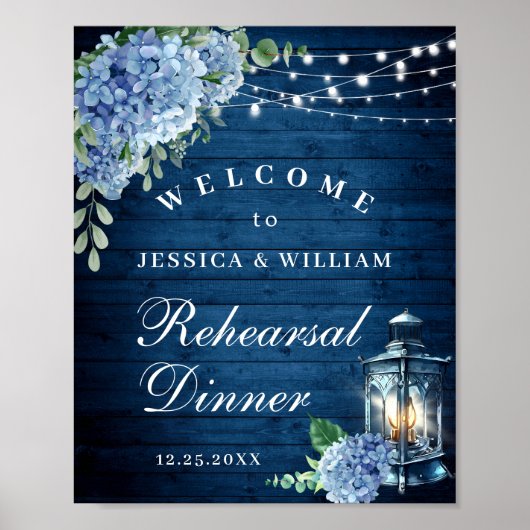 Blue Hydrangea Lantern Wood Boho Rehearsal Dinner Poster (Voorkant)