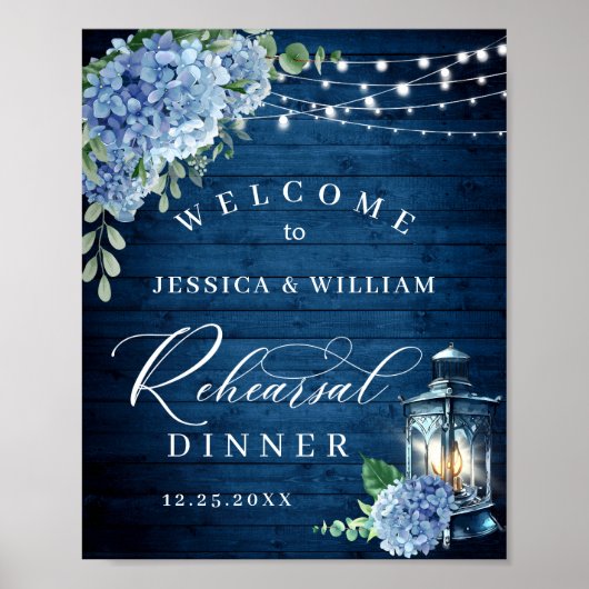 Blue Hydrangea Lantern Wood Boho Rehearsal Dinner Poster (Voorkant)