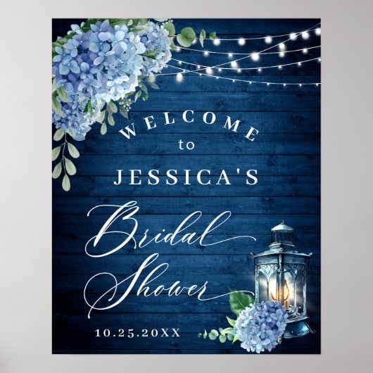 Blue Hydrangea Lantern Wood Boho Vrijgezellenfeest Poster (Voorkant)