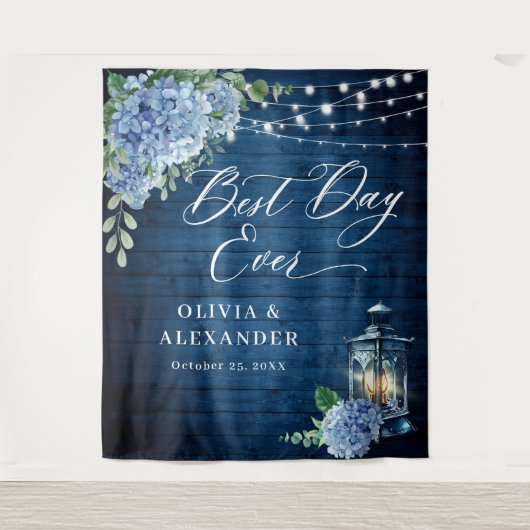 Blue Hydrangea Lantern Wood Foto Weddenschap Wandkleed (Voorkant)