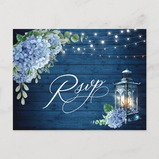 Blue Hydrangea Lantern Wood RSVP Meal Choice Briefkaart (Voorkant)