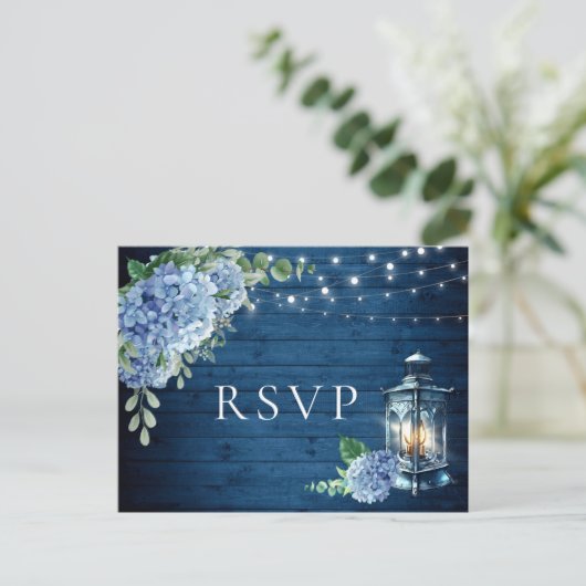 Blue Hydrangea Lantern Wood RSVP Meal Choice Briefkaart (Staand voorkant)