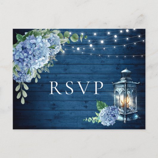 Blue Hydrangea Lantern Wood RSVP Meal Choice Briefkaart (Voorkant)