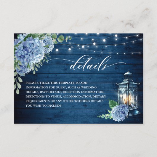Blue Hydrangea Lantern Wood Weddenschap Details Informatiekaartje (Voorkant)