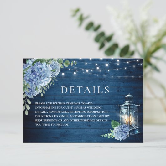 Blue Hydrangea Lantern Wood Weddenschap Details Informatiekaartje (Staand voorkant)
