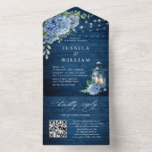 Blue Hydrangea Lantern Wood Wedding QR code All In One Uitnodiging (Binnen)