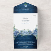 Blue Hydrangea Lantern Wood Wedding QR code All In One Uitnodiging (Buitenkant)