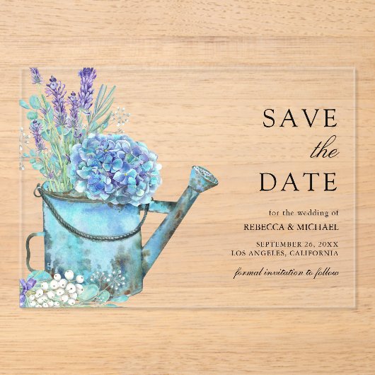 Blue Hydrangea Lavendel Wedding Save the Date Acryl Uitnodigingen (Voorkant)