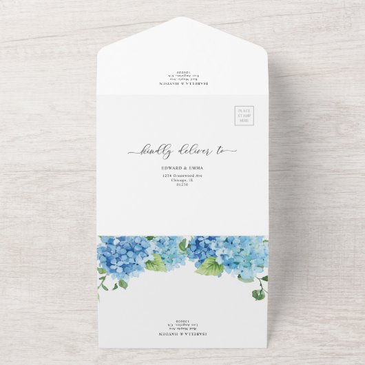 Blue Hydrangea Light Floral Botanical Wedding All In One Uitnodiging (Buitenkant)