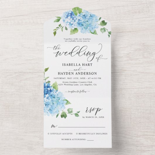 Blue Hydrangea Light Floral Botanical Wedding All In One Uitnodiging (Binnen)