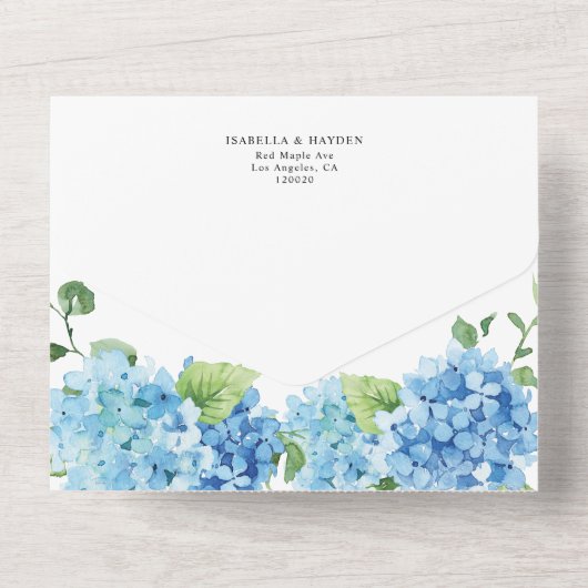Blue Hydrangea Light Floral Botanical Wedding All In One Uitnodiging (Achterkant)
