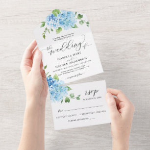 Blue Hydrangea Light Floral Botanical Wedding All In One Uitnodiging